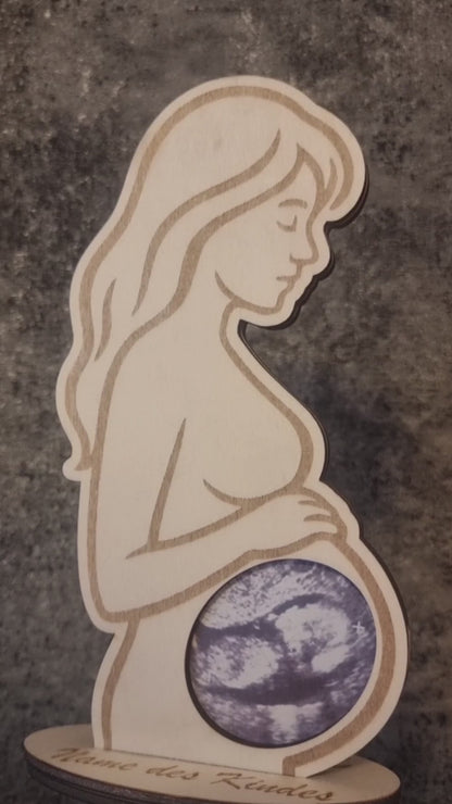 Ultraschall-Holzbild – Schwangere Silhouette mit Name